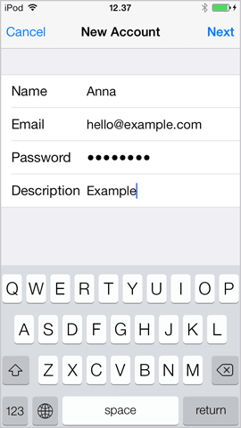 Enter email and password on iPhone iOS 7.