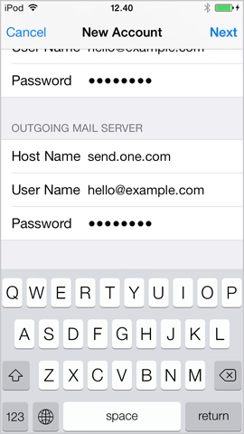 Settings for outgoing mail server on iPhone iOS 7.